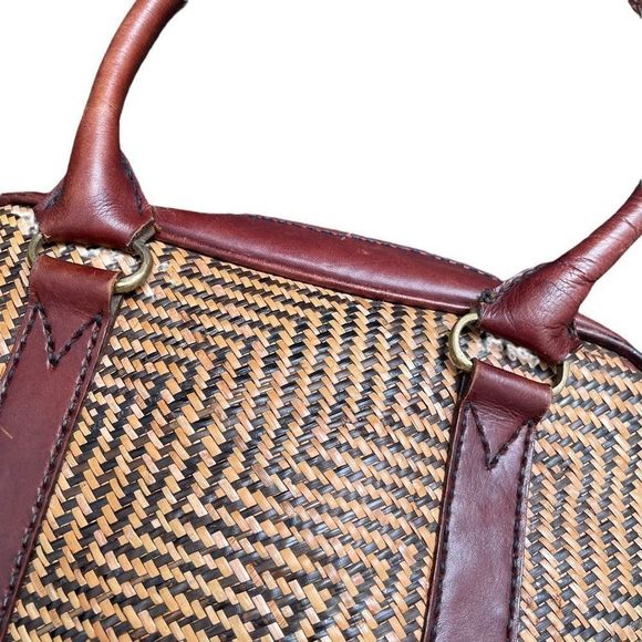 Vintage Leather Woven Wicker Brown Tan Purse Satchel Handbag - Picture 3 of 9